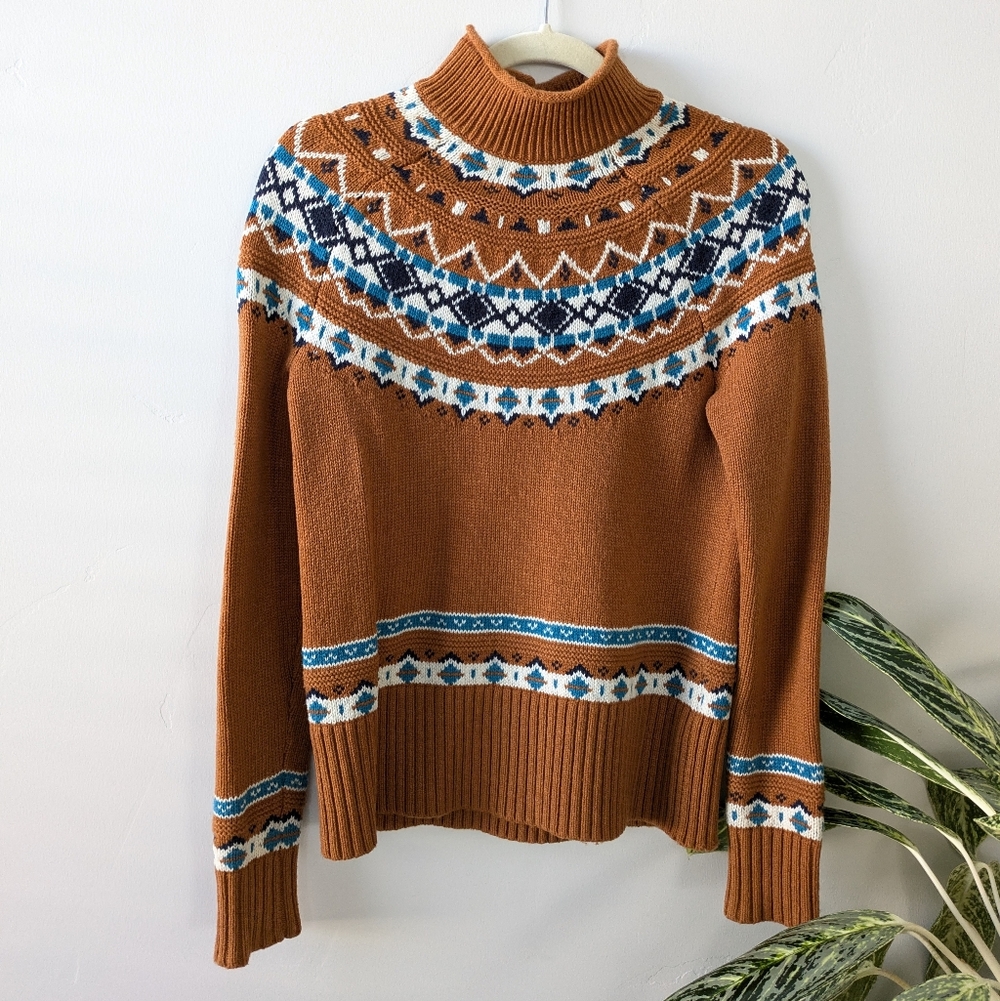J. Crew Brown and Blue Patterned Turtleneck Sweater